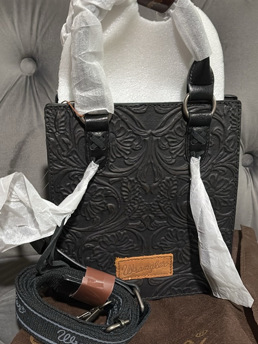 Wrangler Black Tooled Floral Crossbody Tote with Tan Logo Patch